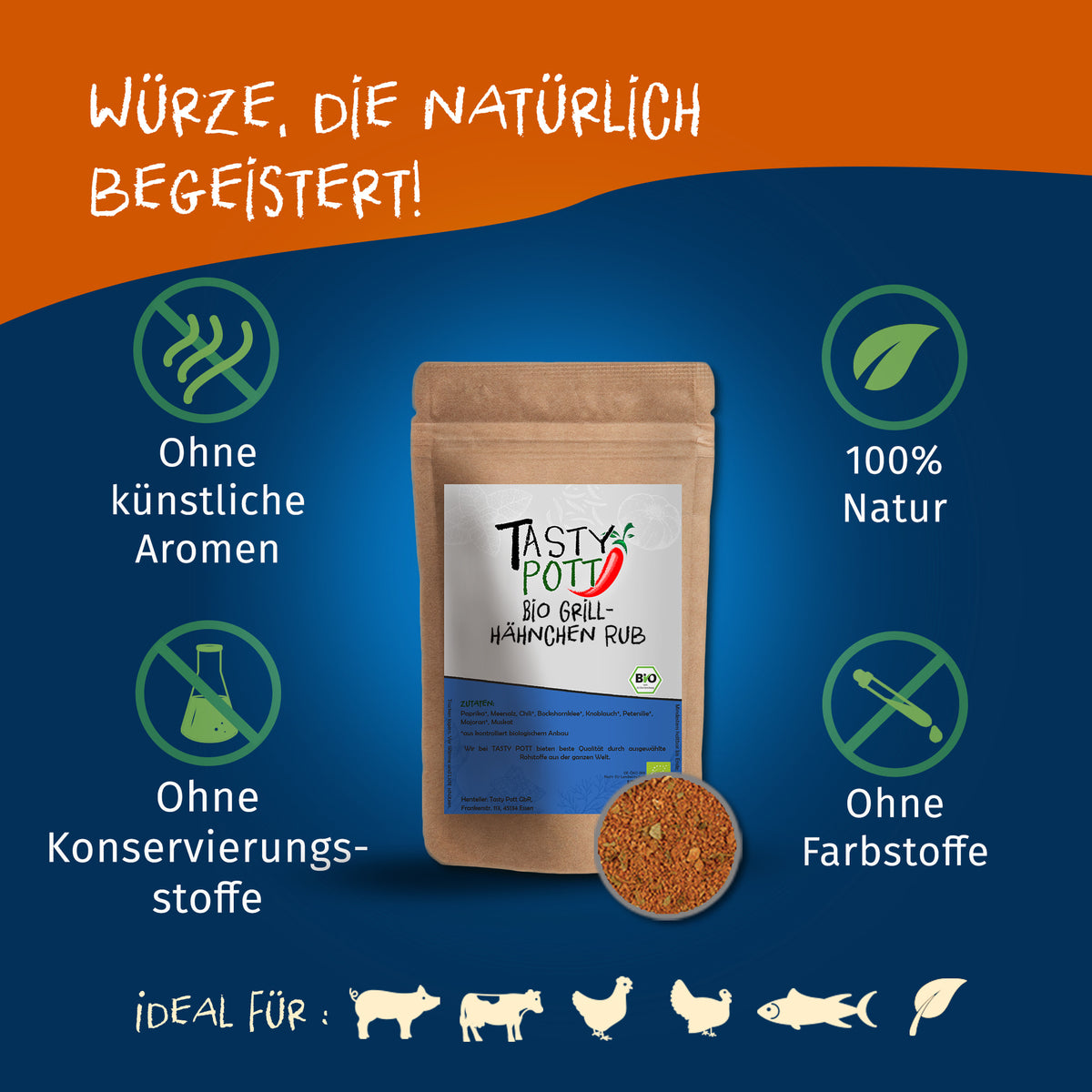 Tasty Pott Grillhähnchen Rub Nachfüllbeutel mittig auf blauem Hintergrund, umgeben von Symbolen für natürliche Grillgewürze ohne Zusatzstoffe und ideal für verschiedene Fleischsorten.