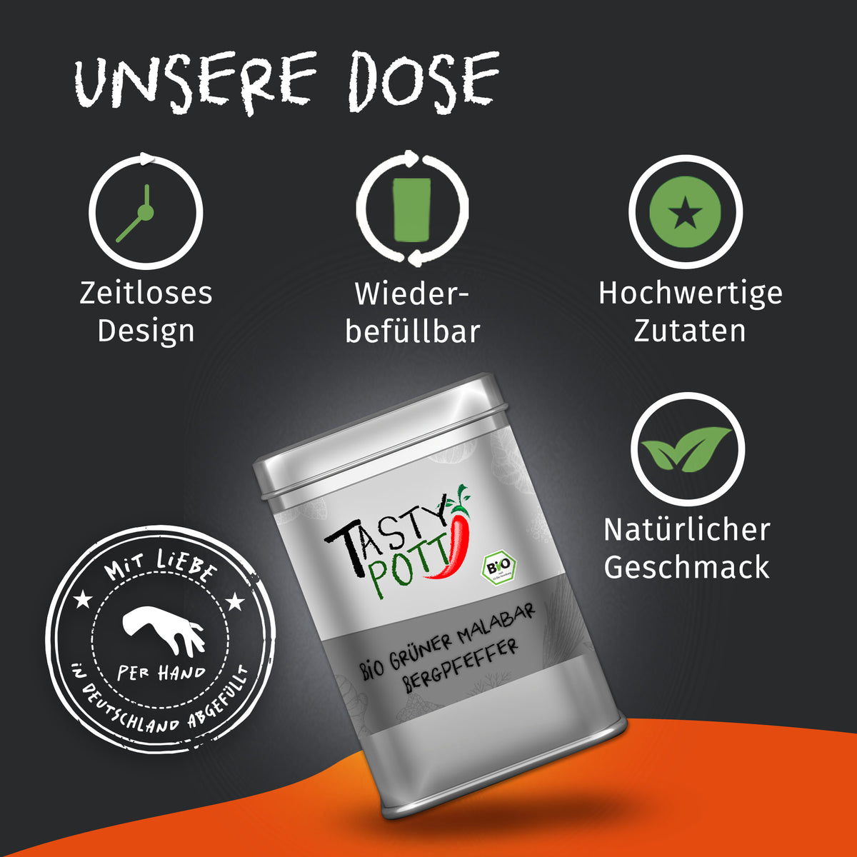 Tasty Pott Dose Bio Grüner Malabar Pfeffer auf dunklem Hintergrund mit Icons zu Design, Wiederbefüllbarkeit und Zutaten
