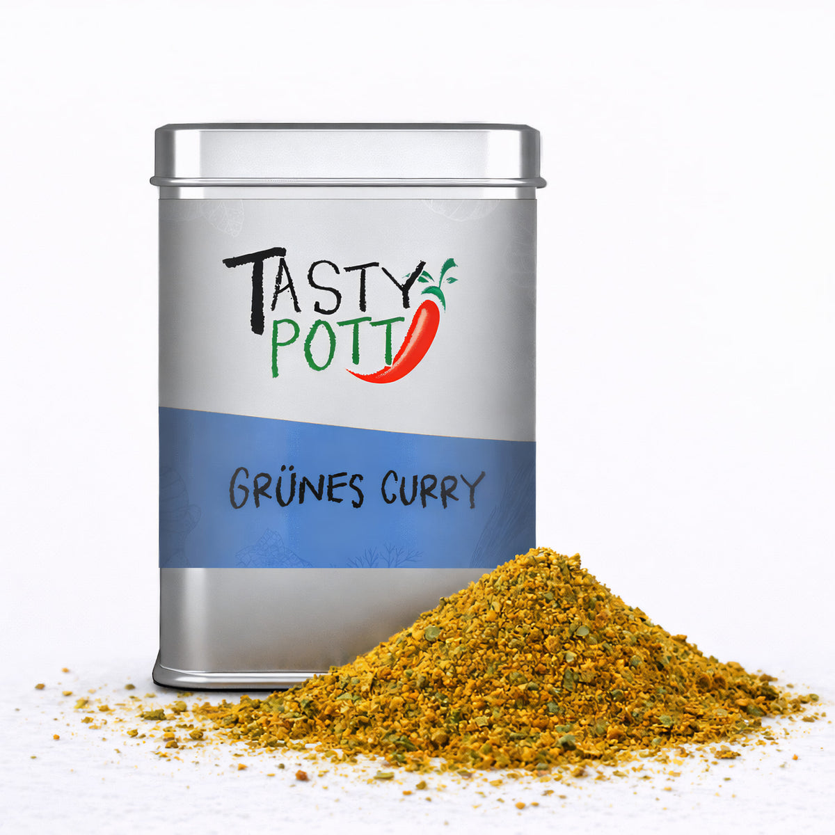 Tasty Pott Grünes Curry Gewürz in silberner Dose mit blauem Etikett, davor ein Haufen gelb-grünes Currygewürz auf weißem Untergrund.