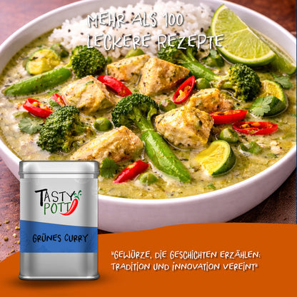Schale mit grünem Thai Curry, Reis, Gemüse und Limette, vorne links die Tasty Pott Grünes Curry Gewürzdose auf orangefarbenem Streifen.