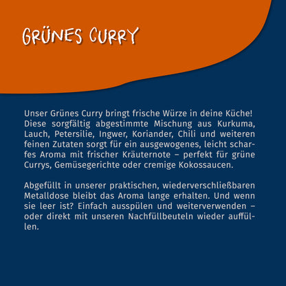 Texttafel mit Beschreibung zum Tasty Pott Grünes Curry Gewürz, weißer Text auf blau-orangefarbenem Hintergrund ohne Produktabbildung.