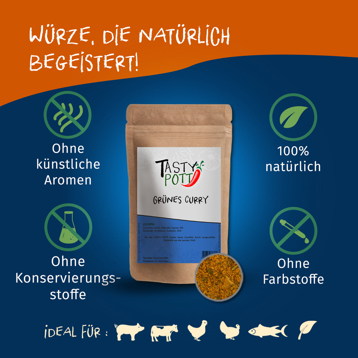 Tasty Pott Grünes Curry Gewürz im braunen Nachfüllbeutel, umgeben von Symbolen für natürliche Zutaten und ohne Zusatzstoffe auf blau-orangefarbenem Hintergrund.