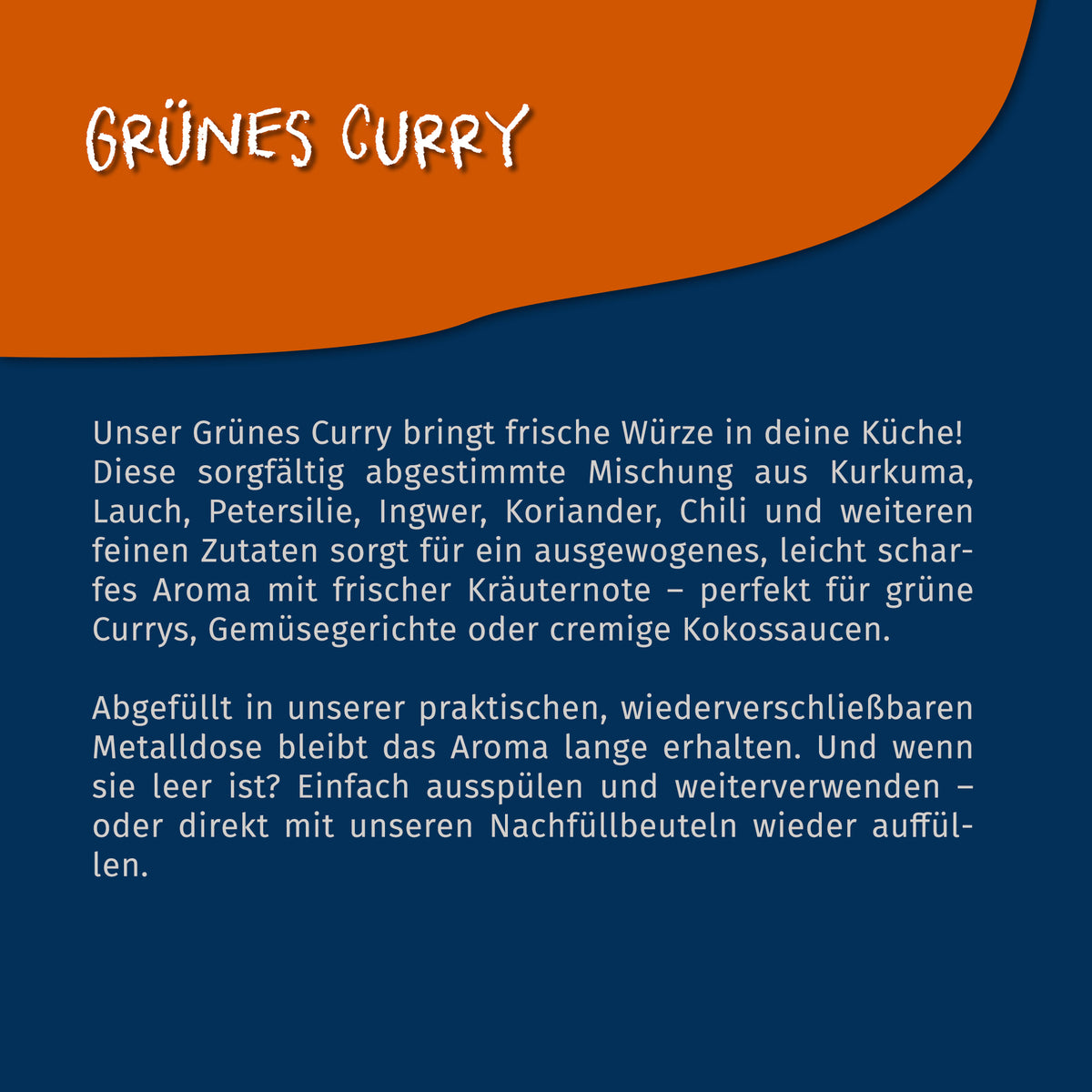 Texttafel mit Produktbeschreibung zu Tasty Pott Grünes Curry auf blau-orangefarbenem Hintergrund, ohne sichtbare Verpackung.