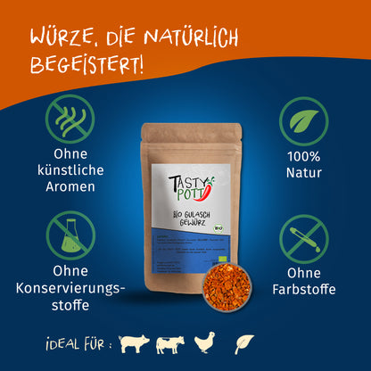 Tasty Pott Bio Gulasch Gewürzmischung 100g im braunen Standbeutel, umgeben von Icons für natürliche Zutaten und ohne Zusatzstoffe, auf blau-orangefarbenem Hintergrund.