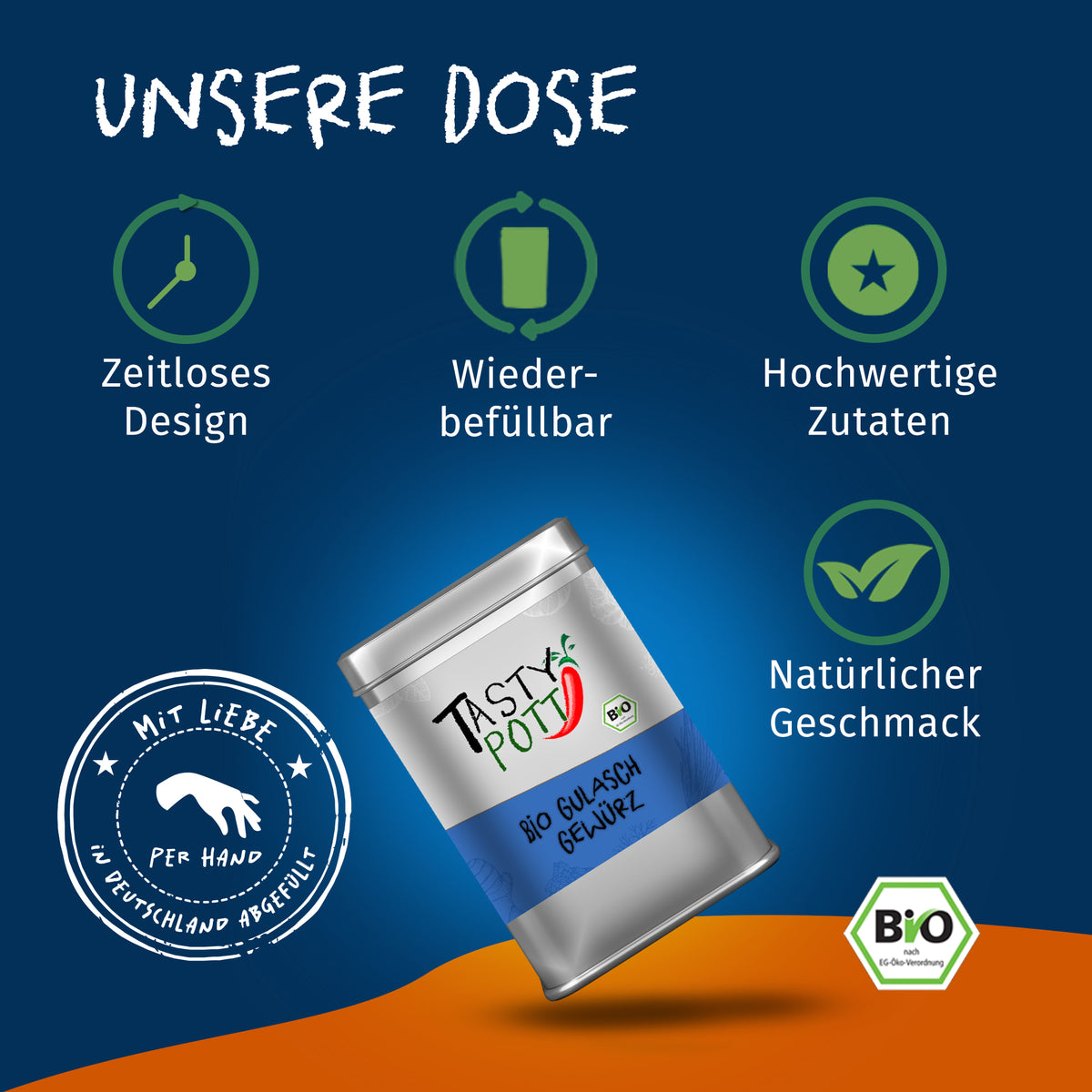 Tasty Pott Gulaschgewürz in silberner Dose, schräg stehend auf blauem Hintergrund mit Symbolen für Design, Wiederbefüllbarkeit und hochwertige Zutaten.