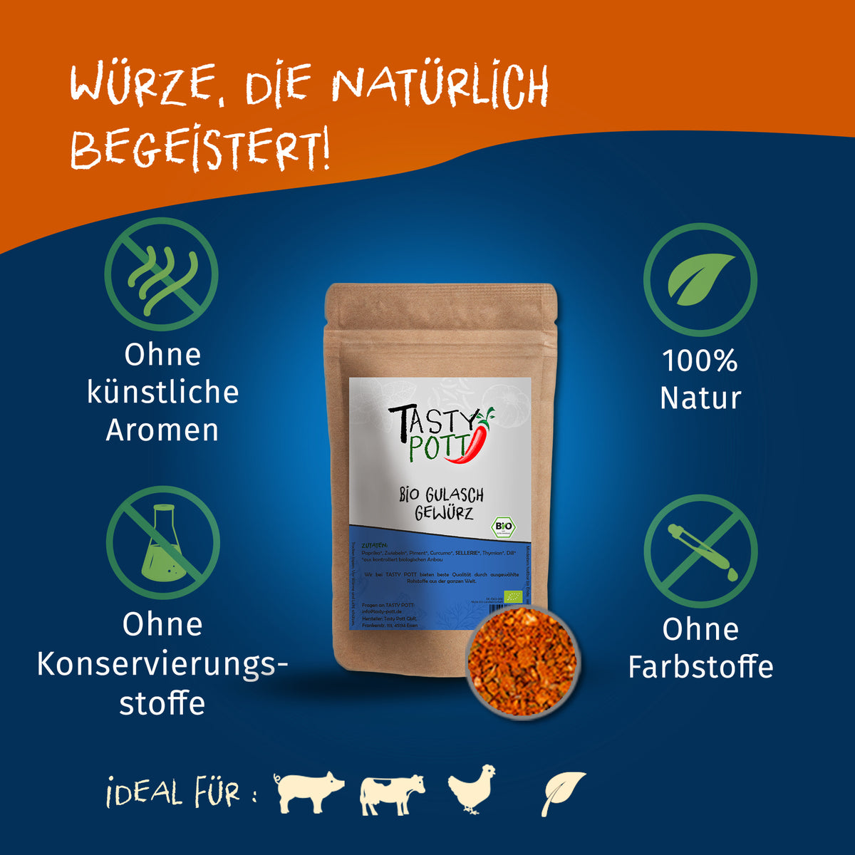 Tasty Pott Bio Gulasch Gewürz im Nachfüllbeutel, stehend auf blauem Hintergrund mit Icons für natürliche und vegane Gewürze.