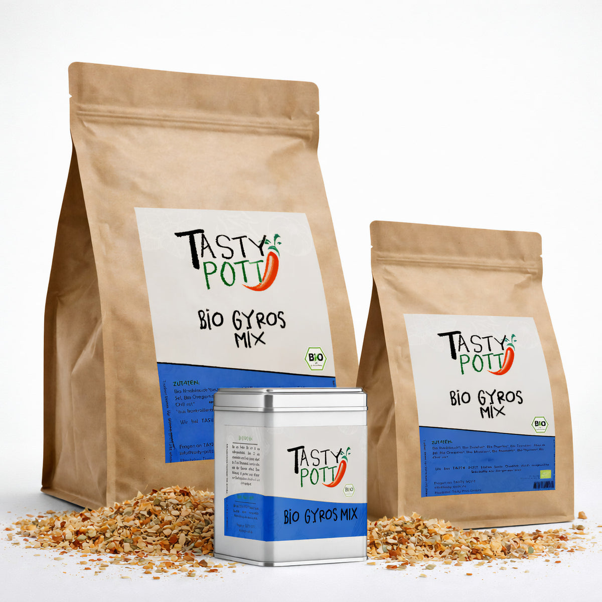 Drei Tasty Pott Bio Gyros Gewürzmischung Packungen und Streudose mit sichtbarer Gewürzmischung auf weißem Hintergrund.