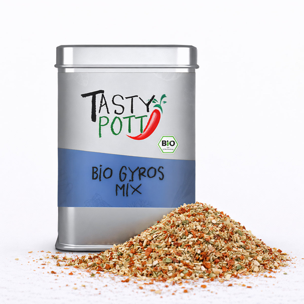 Tasty Pott Bio Gyros Gewürzmischung in silberner Dose mit losem Gyros-Gewürz vor der Dose auf weißem Untergrund.