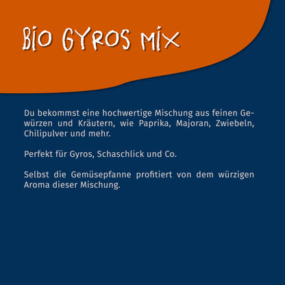 Texttafel mit Beschreibung der Tasty Pott Bio Gyros Gewürzmischung und ihren Zutaten auf blau-orangefarbenem Hintergrund.