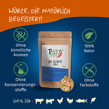 Tasty Pott Bio Gyros Gewürzmischung Nachfüllbeutel mittig, umgeben von Symbolen für natürliche Zutaten und ohne Zusatzstoffe.