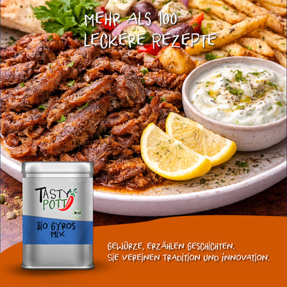 Gyrosgericht auf Teller mit Tzatziki, Pommes und Tasty Pott Bio Gyros Gewürzmischung Dose im Vordergrund.