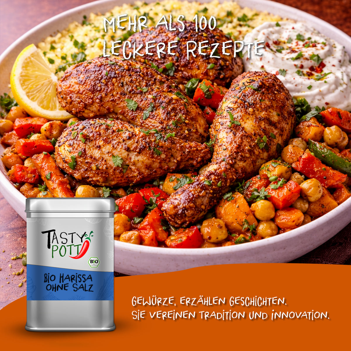 Serviervorschlag mit gewürztem Hähnchen und Gemüse, vorne die Tasty Pott Harissa ohne Salz Gewürzmischung in der Dose.