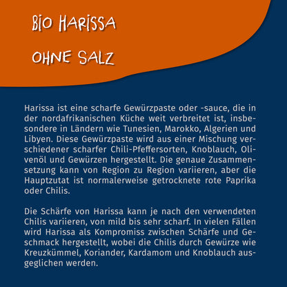 Texttafel mit Beschreibung zur Herkunft und Verwendung von Harissa Gewürzmischungen ohne Salz, auf blau-orangem Hintergrund.