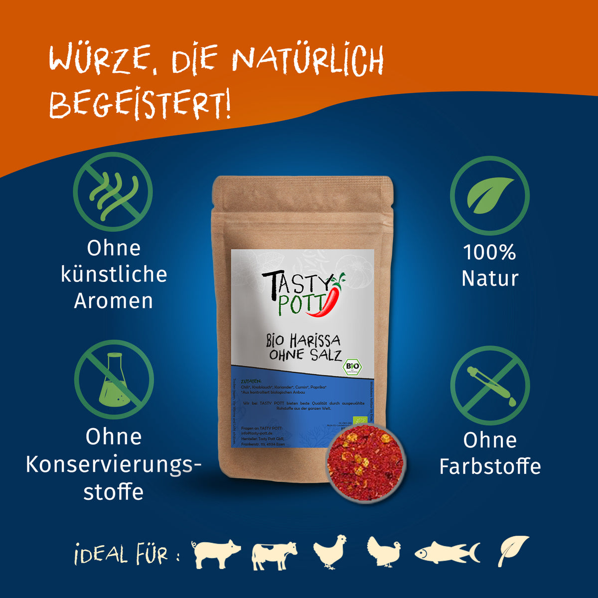 Tasty Pott Harissa ohne Salz in brauner Tüte, umgeben von Symbolen für natürliche Zutaten und ohne Zusatzstoffe, auf blauem Hintergrund.