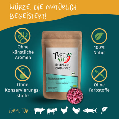 Tasty Pott Hibiskusblütensalz im braunen Nachfüllbeutel, umgeben von Icons für natürliche Zutaten und ohne Zusatzstoffe, auf blau-gelbem Hintergrund.