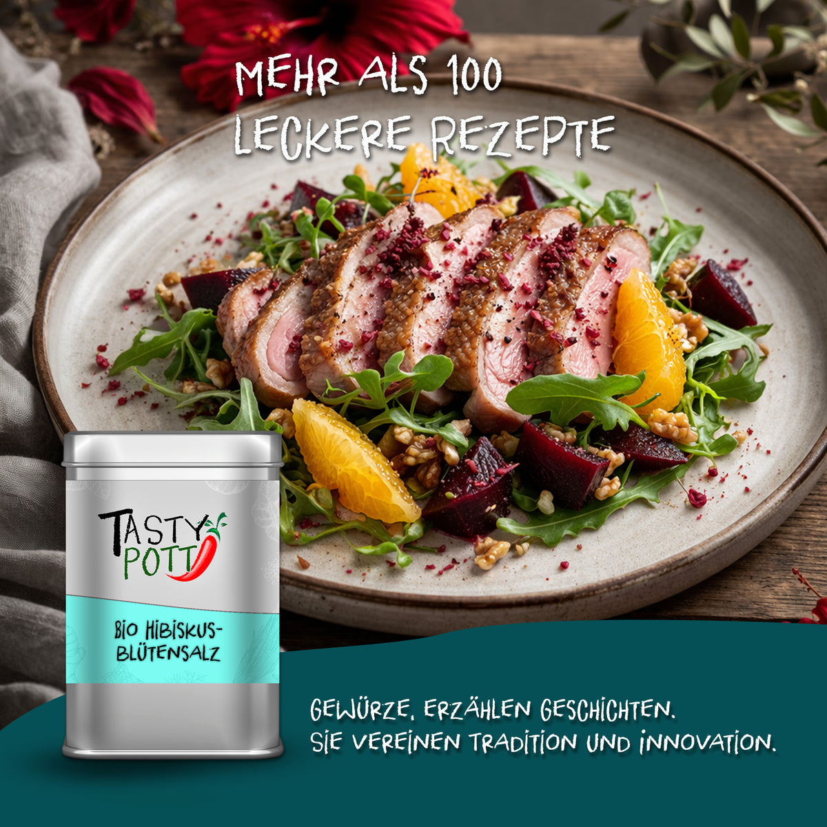Gericht mit Fleisch, Rucola, Orangen und Walnüssen, bestreut mit Tasty Pott Hibiskusblütensalz, daneben die Dose auf einem Teller.