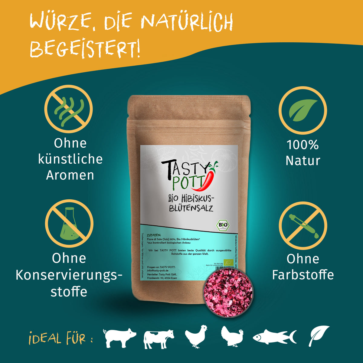 Tasty Pott Hibiskusblütensalz Nachfüllbeutel vor grün-gelbem Hintergrund, umgeben von Symbolen für natürliche Zutaten und ohne Zusatzstoffe.