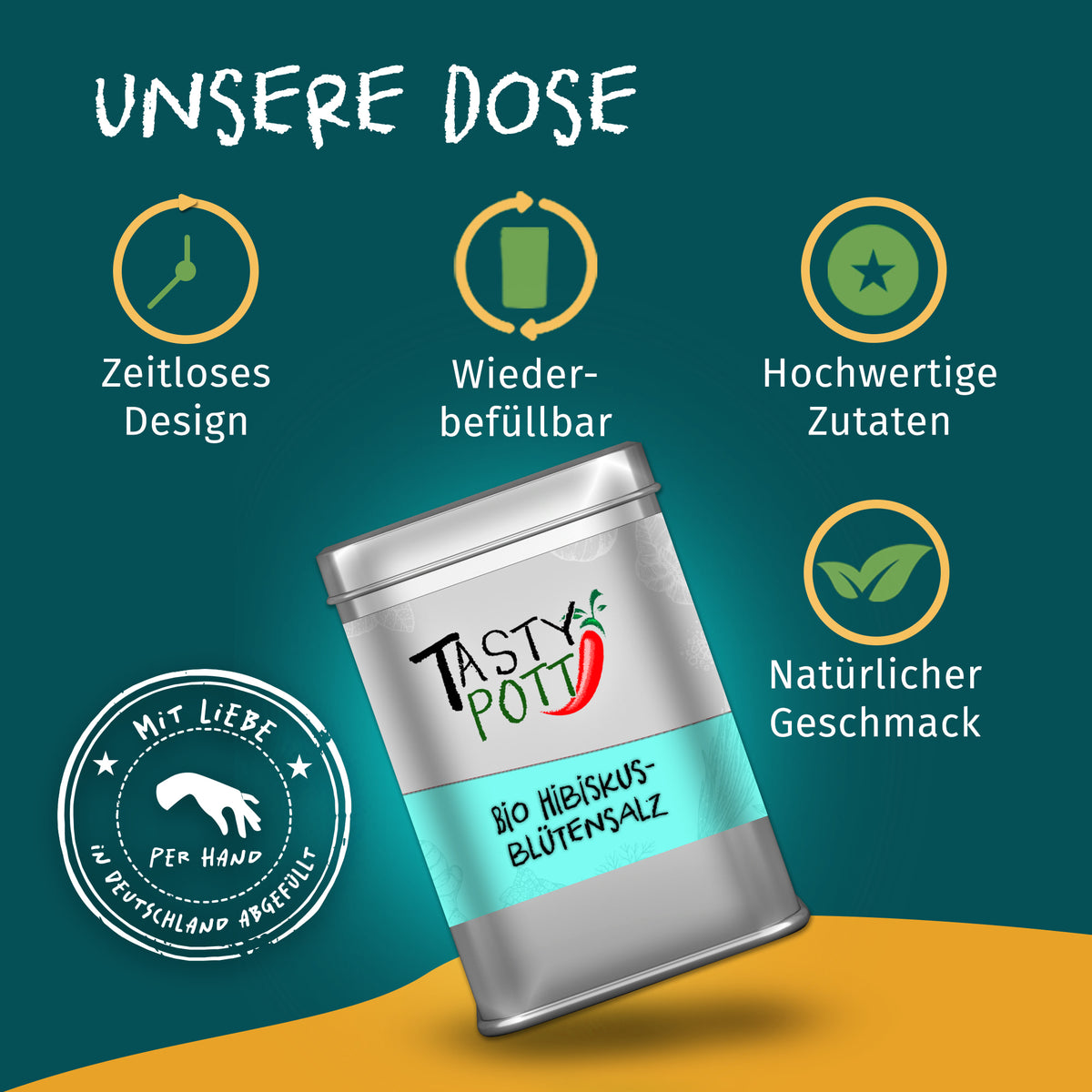 Tasty Pott Hibiskusblütensalz Dose auf grün-gelbem Hintergrund mit Symbolen für zeitloses Design und Wiederbefüllbarkeit.