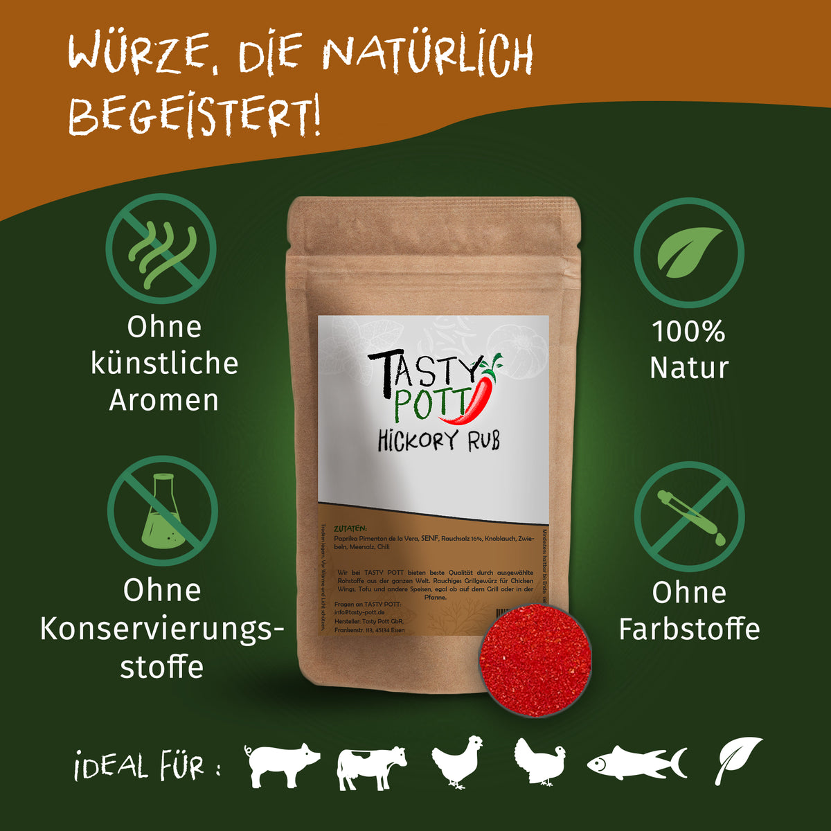 Tasty Pott Hickory Rub Nachfüllbeutel auf grünem Hintergrund mit Icons für natürliche Zutaten und Grillen, daneben rote Gewürzprobe.
