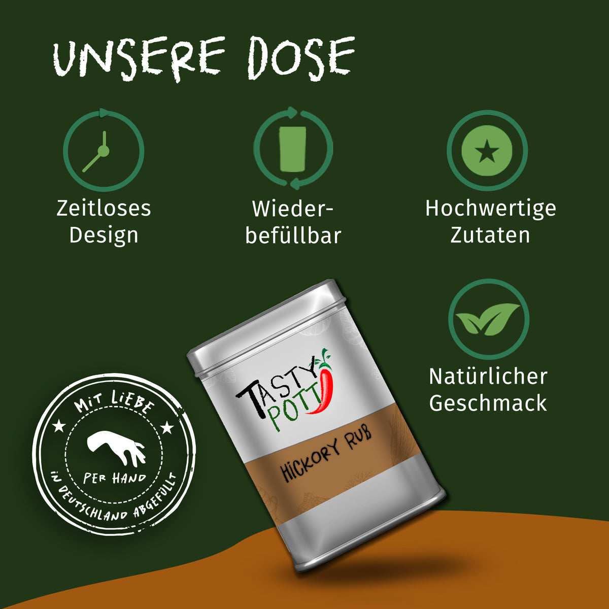 Tasty Pott Hickory Rub Metalldose auf grün-braunem Hintergrund mit Icons für zeitloses Design und hochwertige grillgewürze.