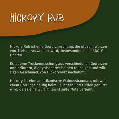 Infografik mit Text zur Herkunft und Verwendung von Hickory Rub Grillgewürz auf grün-braunem Hintergrund.