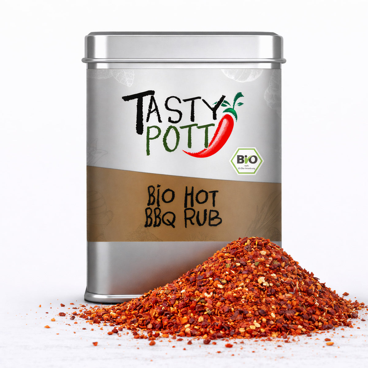 Tasty Pott Bio Hot BBQ Rub 100g Dose mit Grillgewürz vor der Dose auf weißem Hintergrund