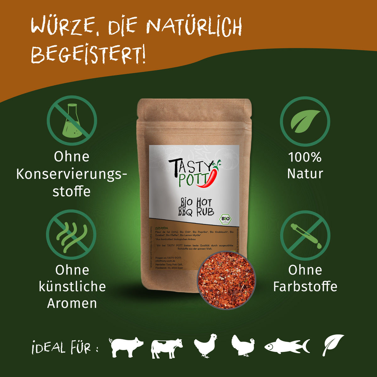 Tasty Pott Bio Hot BBQ Rub 100g im braunen Beutel, umgeben von Symbolen für natürliche Grillgewürze und ohne Zusatzstoffe