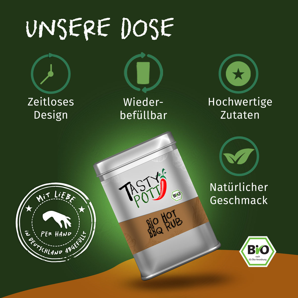 Eine silberne Tasty Pott Bio Hot BBQ Rub Dose wird auf grünem Hintergrund mit Icons für zeitloses Design und hochwertige grillgewürze gezeigt.