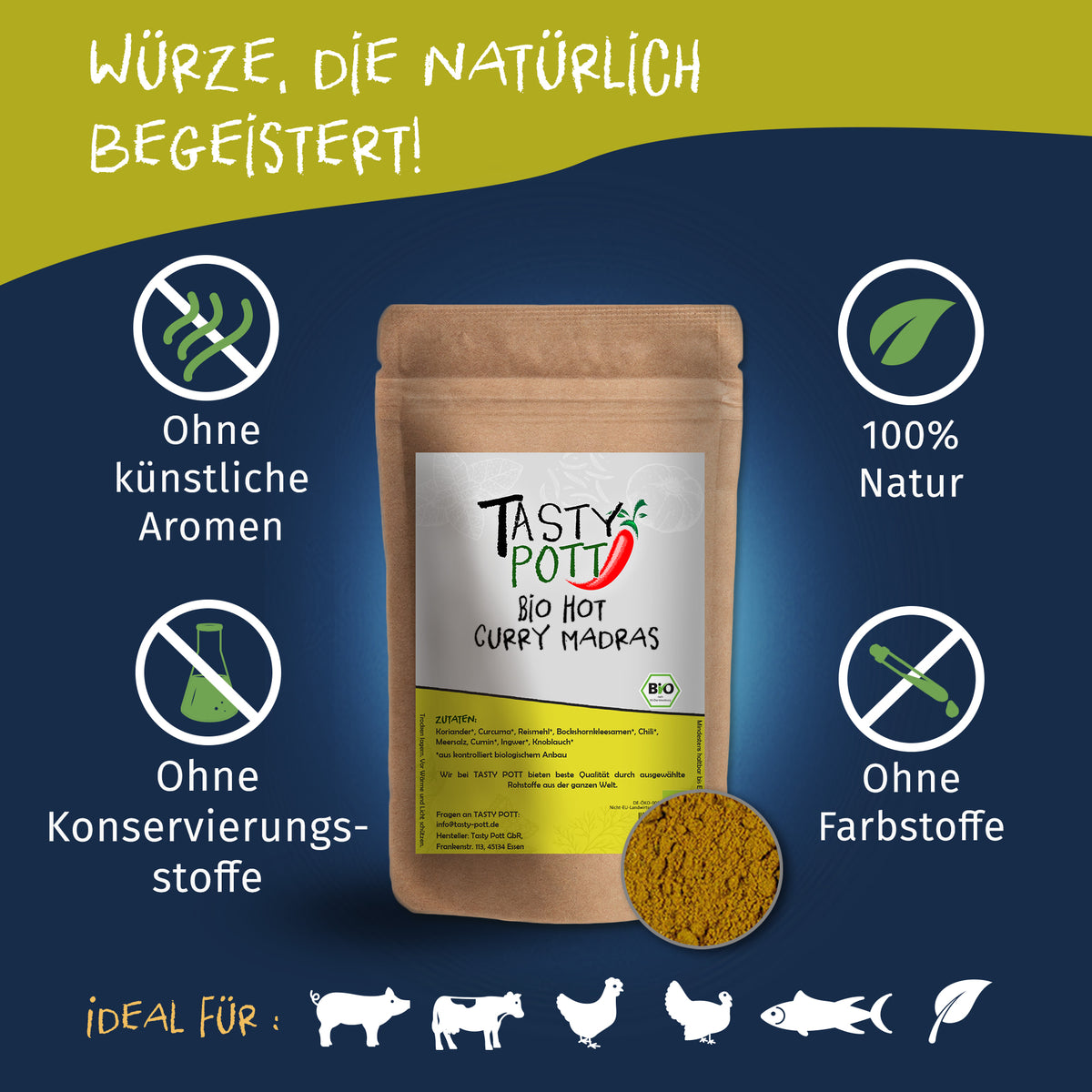 Tasty Pott Bio Hot Curry Madras - scharf - 100g Dose — Abbildung 2