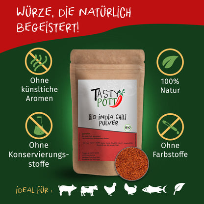 Tasty Pott Bio India Chili Pulver in brauner wiederverschließbarer Tüte, umgeben von Symbolen für natürliche gewürze ohne künstliche Zusätze.