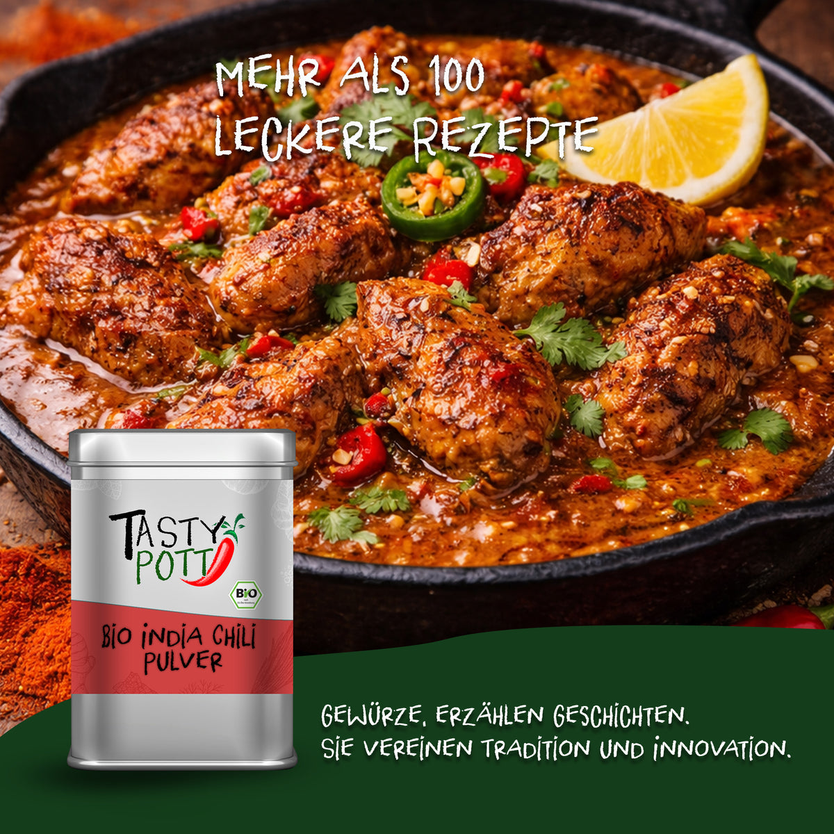 Tasty Pott Bio India Chili Pulver Dose vor einer Pfanne mit würzigem currygericht, garniert mit frischen chilis und Kräutern.