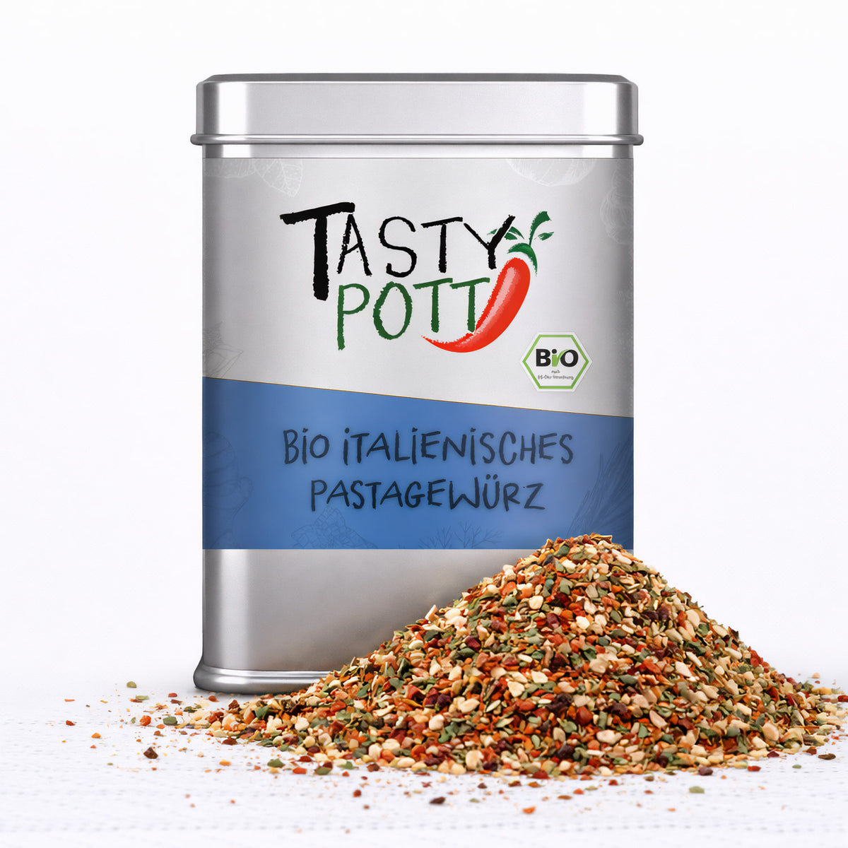 Tasty Pott Bio Italienisches Pastagewürz 100g Dose mit offenem Deckel und einem Haufen bunter Gewürzmischung im Vordergrund auf weißem Untergrund.