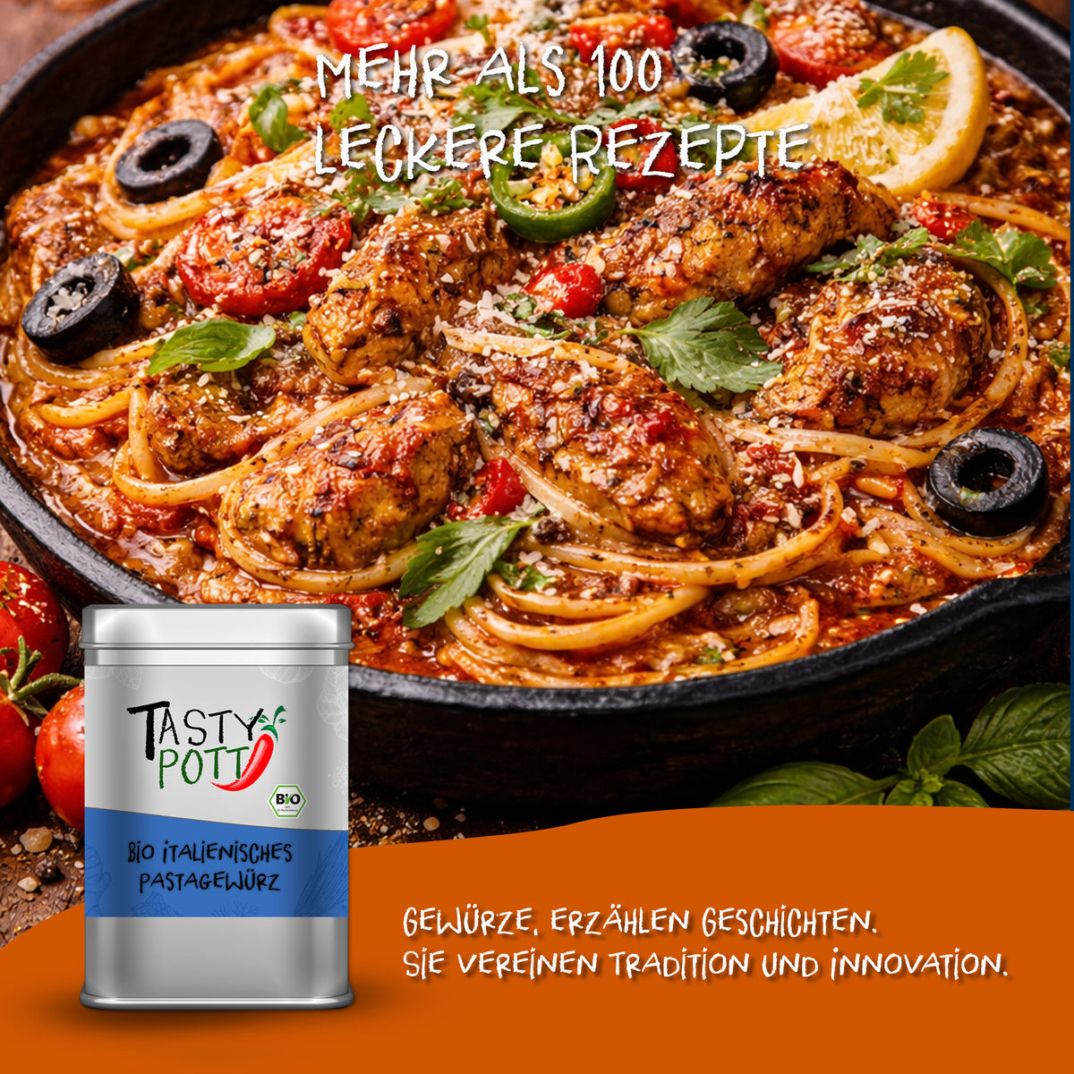 Tasty Pott italienisches Pastagewürz Dose vor einem Teller Pasta mit Fleischbällchen, Oliven und mediterranen Kräutern.