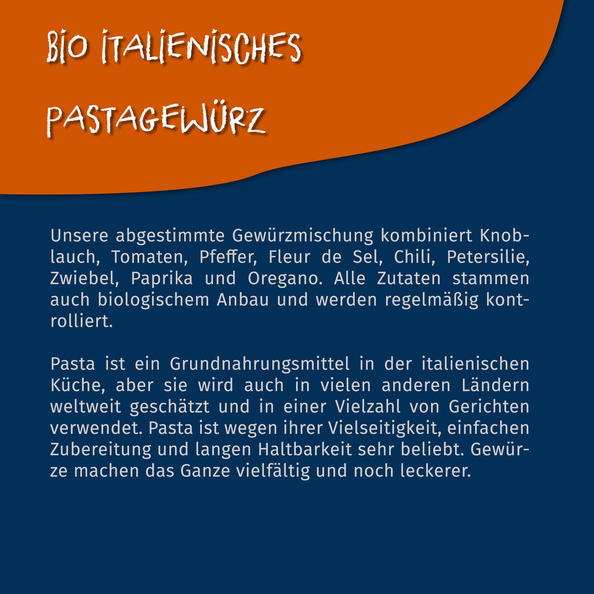 Texttafel mit Beschreibung der Tasty Pott Bio italienische Gewürzmischung und Zutatenliste auf blau-orangefarbenem Hintergrund.