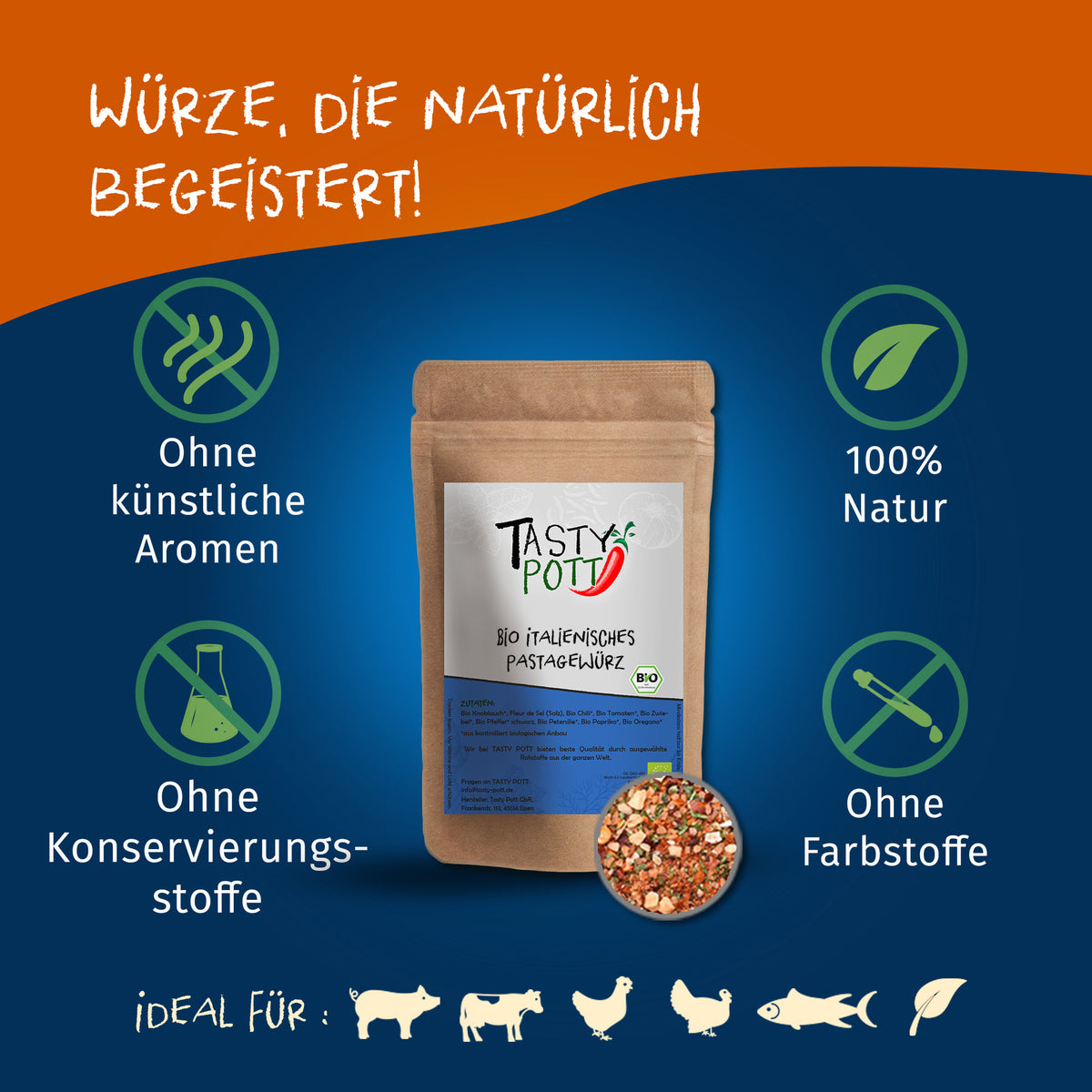Tasty Pott italienisches Pastagewürz im braunen Nachfüllbeutel, umgeben von Symbolen für natürliche Zutaten und ohne künstliche Zusätze.