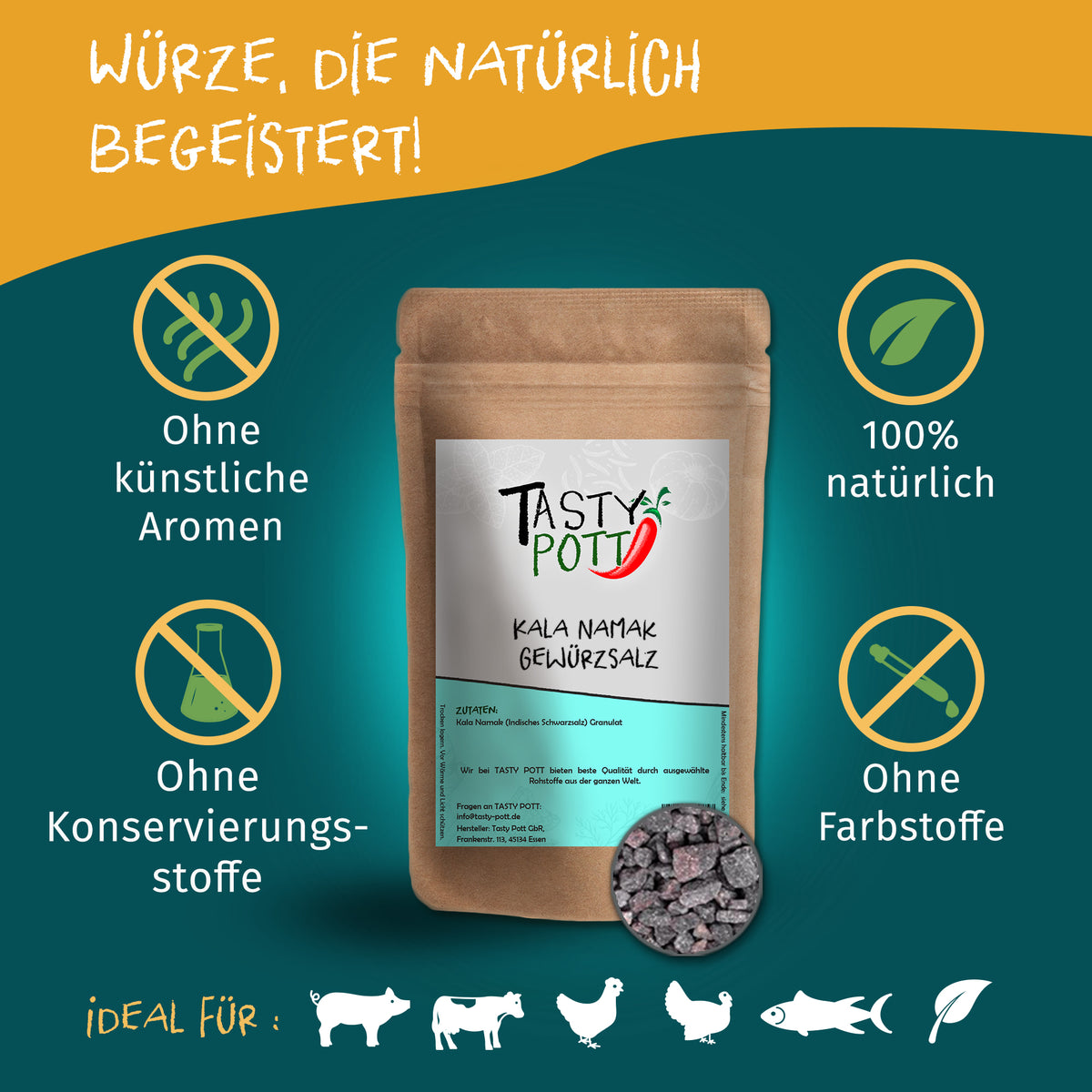 Tasty Pott Kala Namak Salz in brauner Tüte mit Etikett, umgeben von Symbolen für natürliche Zutaten und Hinweise auf Kochen, Backen und Gewürze.