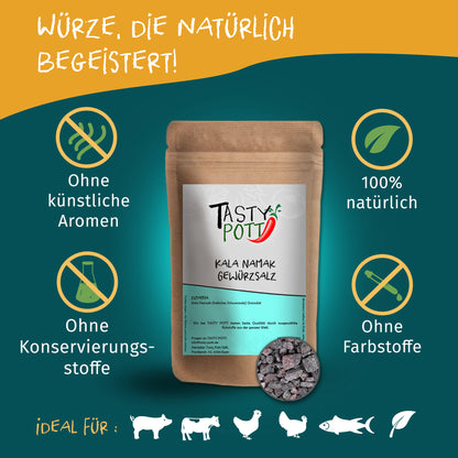 Tasty Pott Kala Namak Salz in brauner Tüte mit Etikett, umgeben von Symbolen für natürliche Zutaten und Hinweise auf Kochen, Backen und Gewürze.