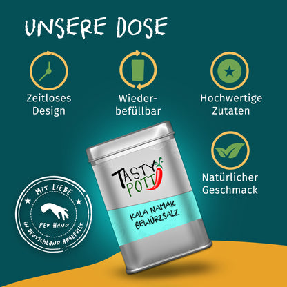 Tasty Pott Kala Namak Salz in silberner Dose, schräg stehend, mit Icons für zeitloses Design, Wiederbefüllbarkeit und hochwertige Zutaten.