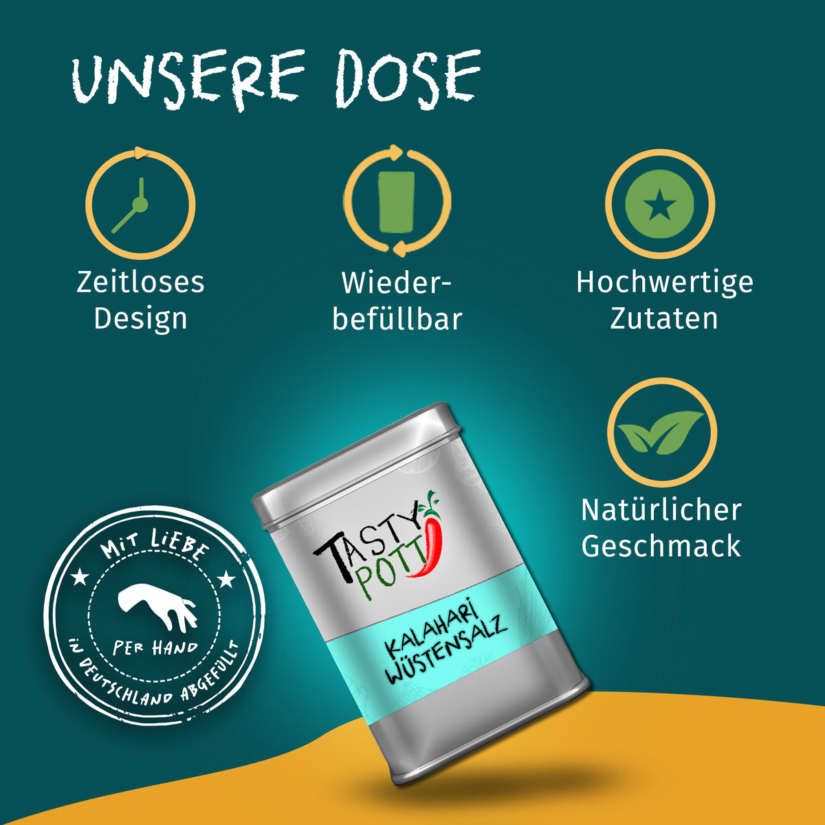 Tasty Pott Kalahari Wüstensalz 100g Dose schräg dargestellt auf farbigem Hintergrund, mit Icons zu Design und Wiederbefüllbarkeit.