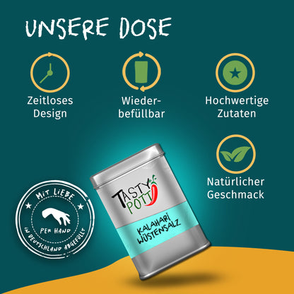 Tasty Pott Kalahari Wüstensalz 100g Dose schräg dargestellt auf farbigem Hintergrund, mit Icons zu Design und Wiederbefüllbarkeit.