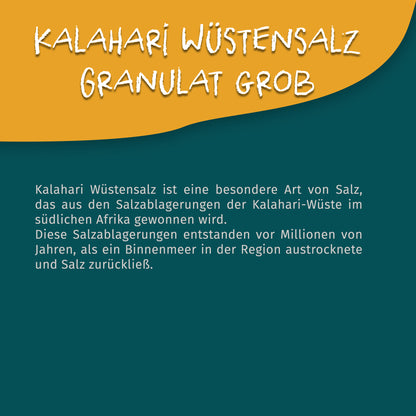 Infografik mit Text über die Herkunft von Kalahari Wüstensalz, gelber Überschrift und grünem Hintergrund.