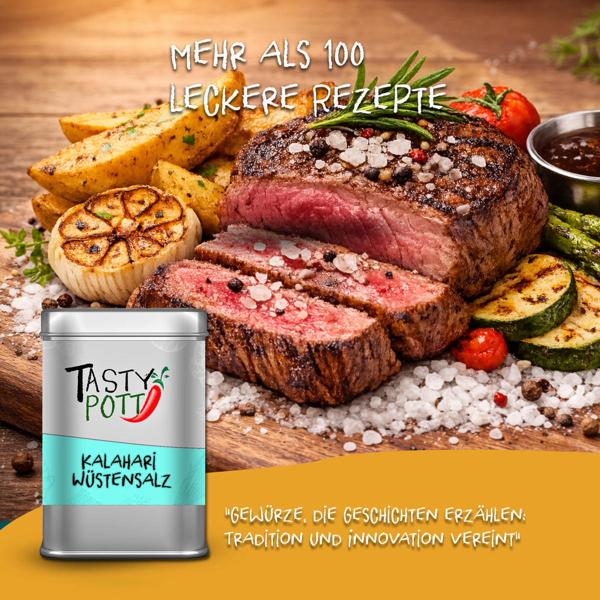 Geöffnete Tasty Pott Kalahari Wüstensalz Dose vor gegrilltem Steak, Kartoffeln und Gemüse, grobes Salz auf dem Fleisch verteilt.