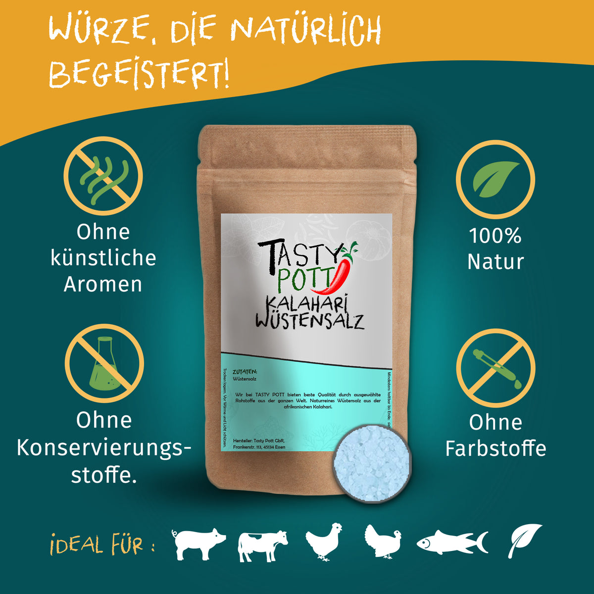 Tasty Pott Kalahari Wüstensalz Nachfüllbeutel vor grünem Hintergrund, umgeben von Symbolen für natürliche Zutaten und ohne Zusatzstoffe.