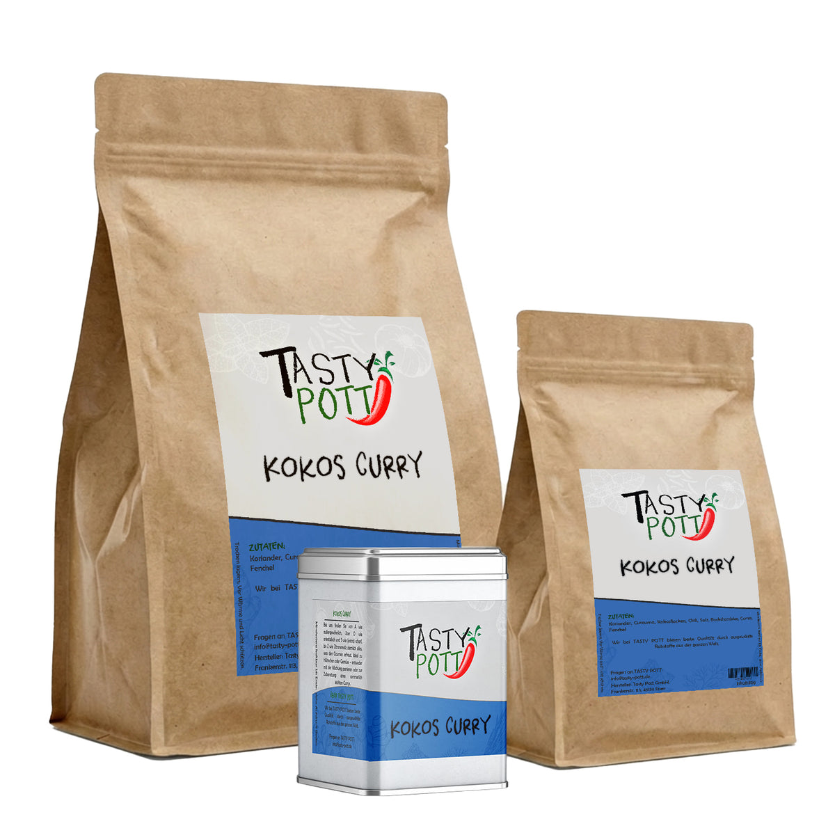 Zwei Tasty Pott Kokos Curry Gewürz Nachfüllbeutel und eine Dose vor weißem Hintergrund nebeneinander angeordnet.