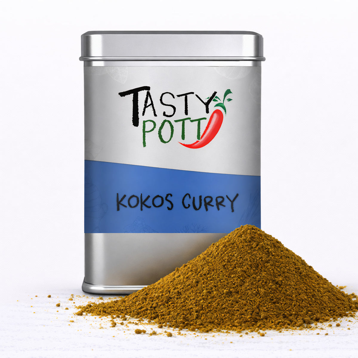 Vorderansicht einer silbernen Tasty Pott Gewürzdose mit blauem Etikett Kokos Curry, davor ein Haufen gelbes Currygewürzpulver.