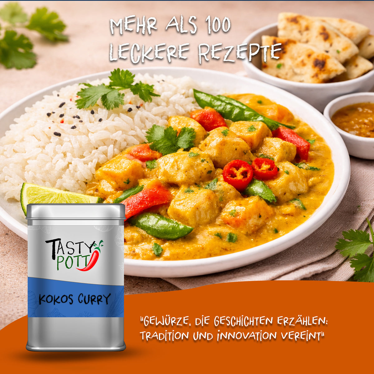 Serviervorschlag mit Kokos Curry Gewürz von Tasty Pott, Reis, Currygericht, Limette und Naanbrot auf einem Teller.