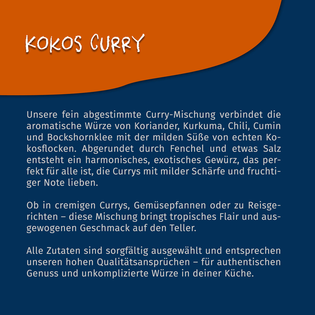 Texttafel mit Beschreibung der Tasty Pott Kokos Curry Gewürz Mischung und ihren Zutaten auf blau-orangefarbenem Hintergrund.
