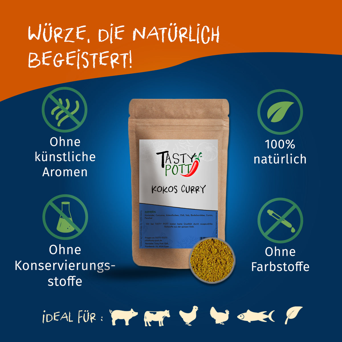 Tasty Pott Kokos Curry Gewürz Nachfüllbeutel vor blauem Hintergrund mit Symbolen für natürliche Zutaten und ohne Zusatzstoffe.