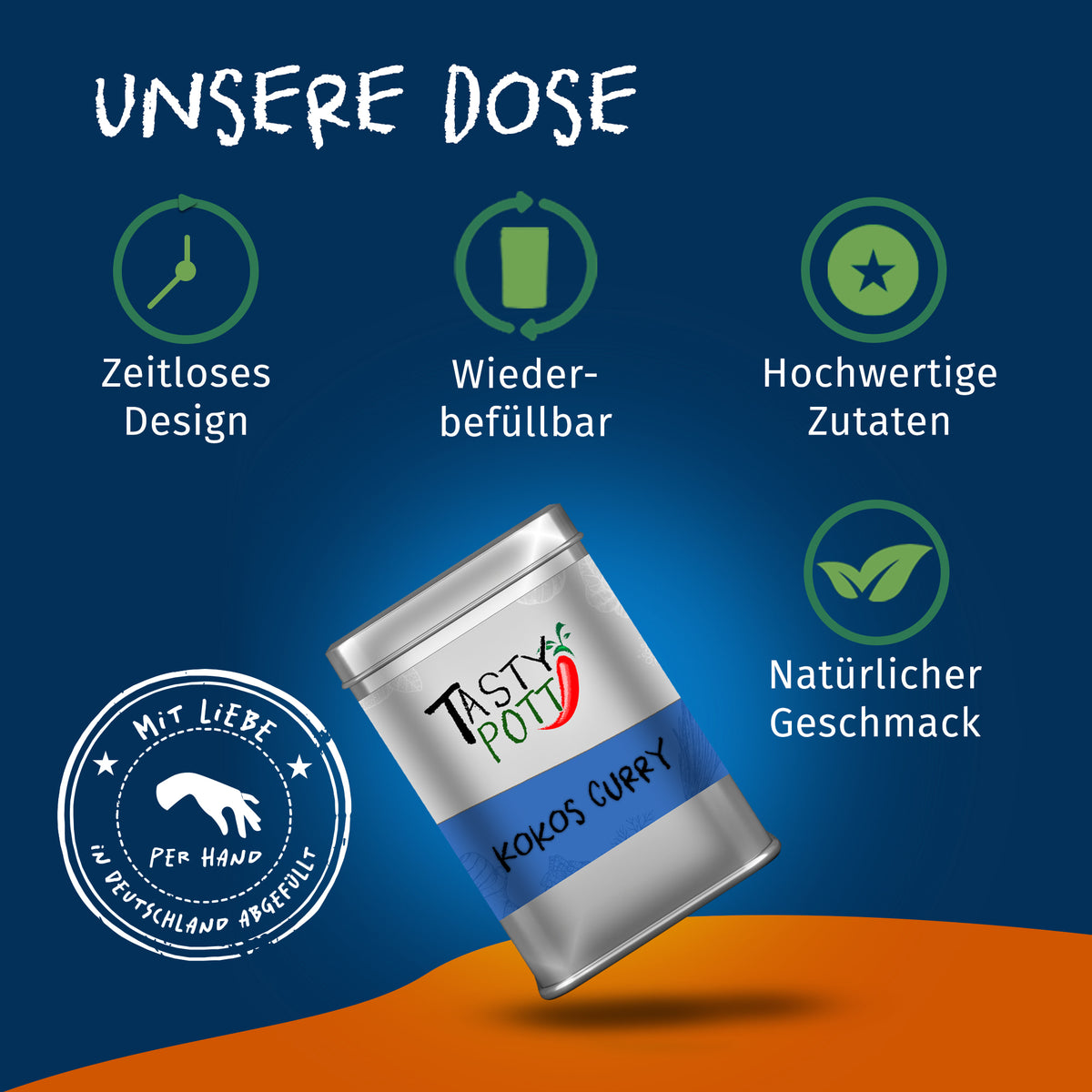 Tasty Pott Kokos Curry Gewürz Dose auf blauem Hintergrund mit Icons für zeitloses Design, Wiederbefüllbarkeit und hochwertige Zutaten.