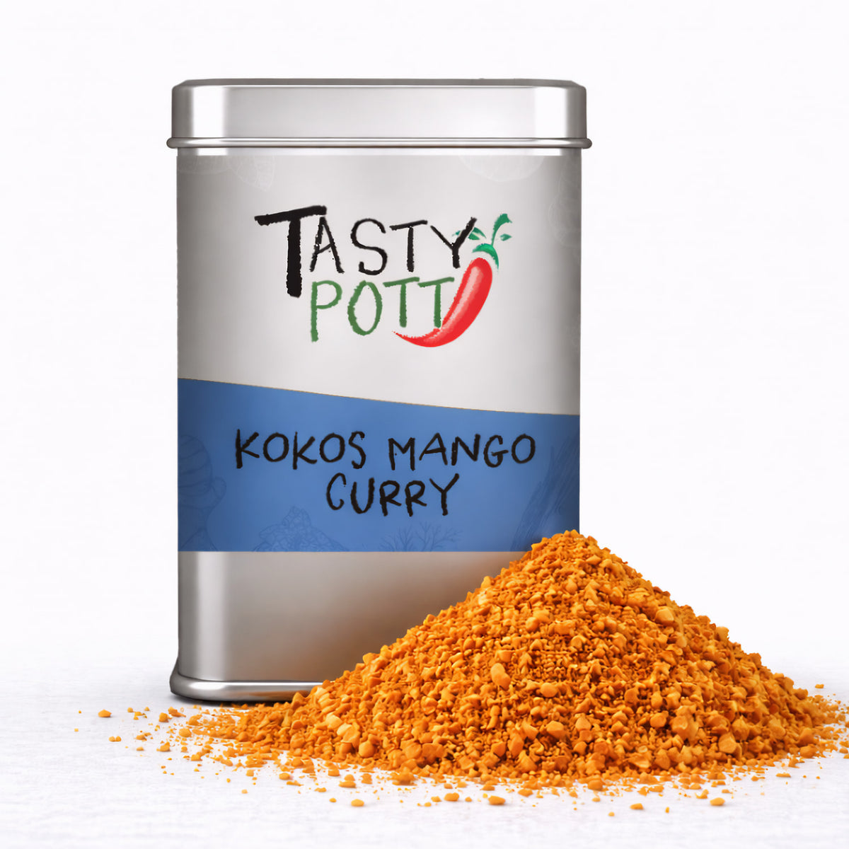 Silberne Tasty-Pott-Gewürzdose mit blauem Etikett Kokos Mango Curry, davor ein Haufen orangefarbenes Currygewürz auf weißem Untergrund.